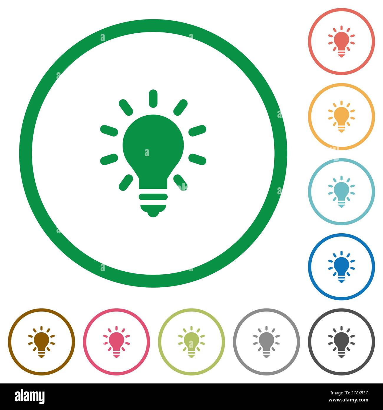 Set of lighting bulb color round outlined flat icons on white ...