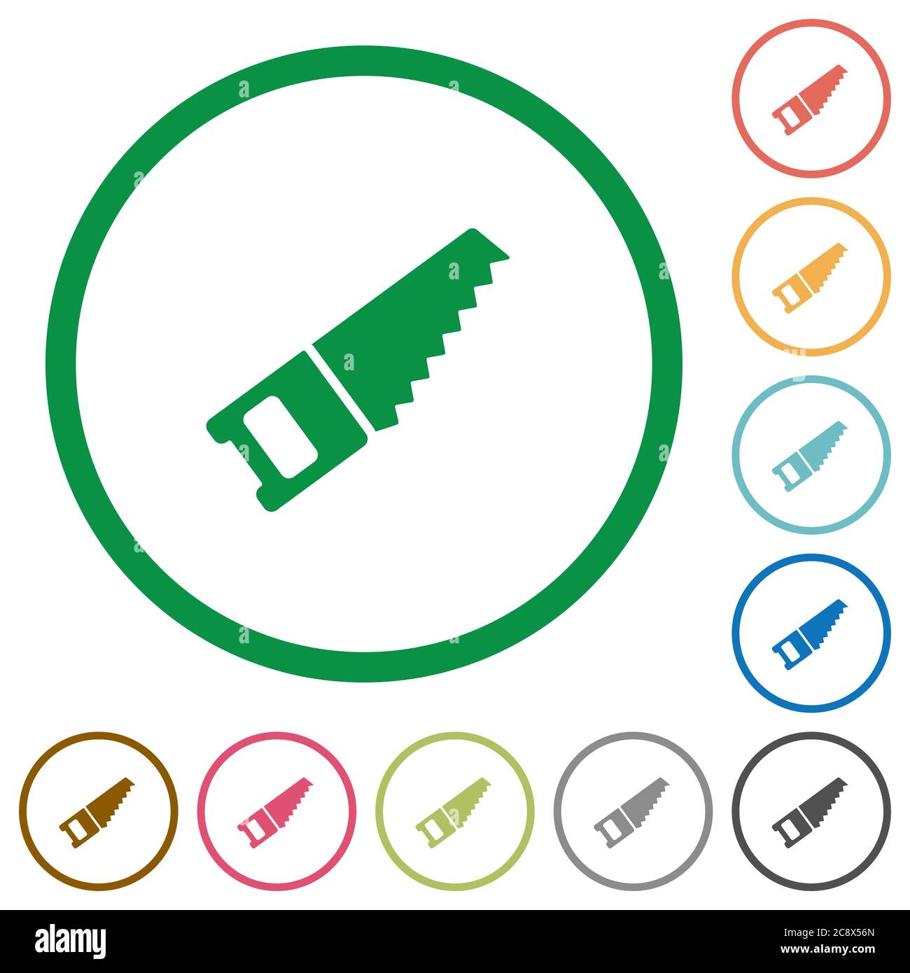 Set of hand saw color round outlined flat icons on white background ...
