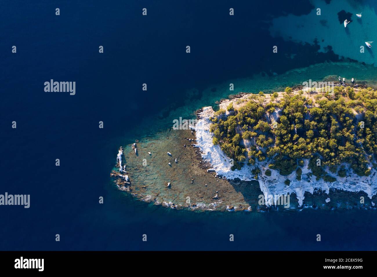 Aerial view of Aliki village and his beautiful beaches. Thassos island, Greece Stock Photo