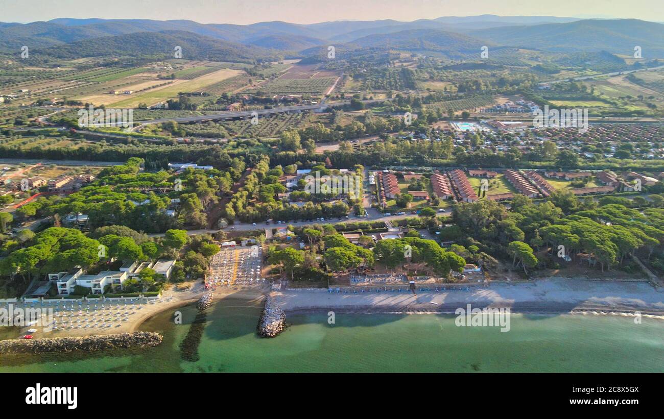 Amazing aerial view of Tuscany coastline, Italy from the drone. Stock Photo