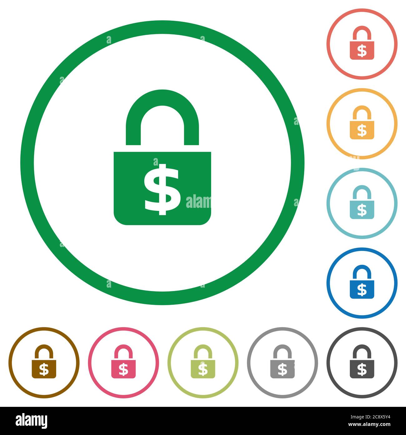Set of locked Dollars color round outlined flat icons on white ...