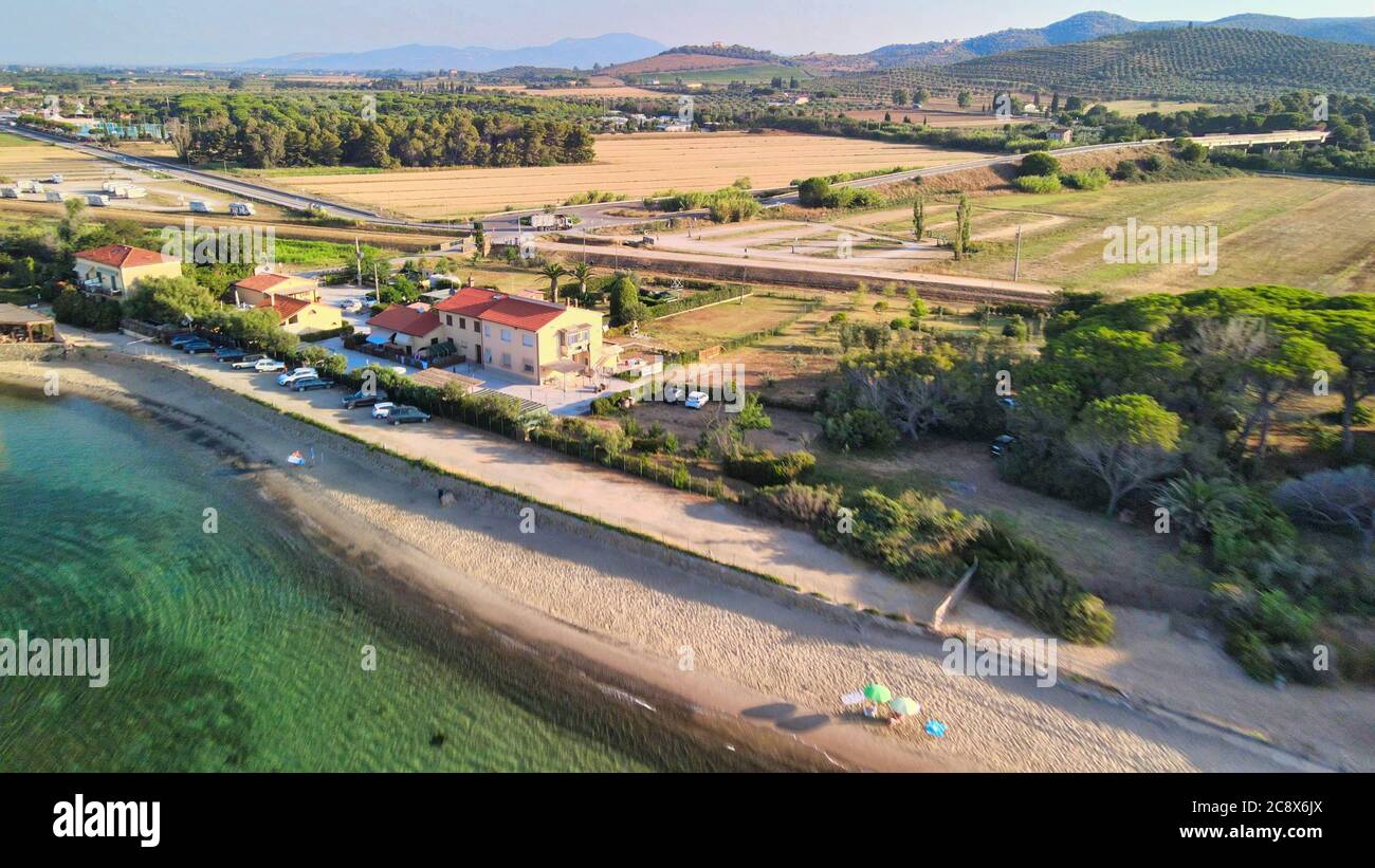 Amazing aerial view of Tuscany coastline in summer season, Italy. Stock Photo