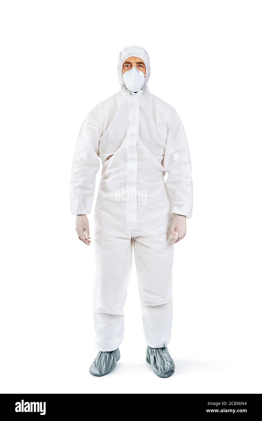 Full length portrait of doctor wearing PPE isolated on white. Protection suit Stock Photo