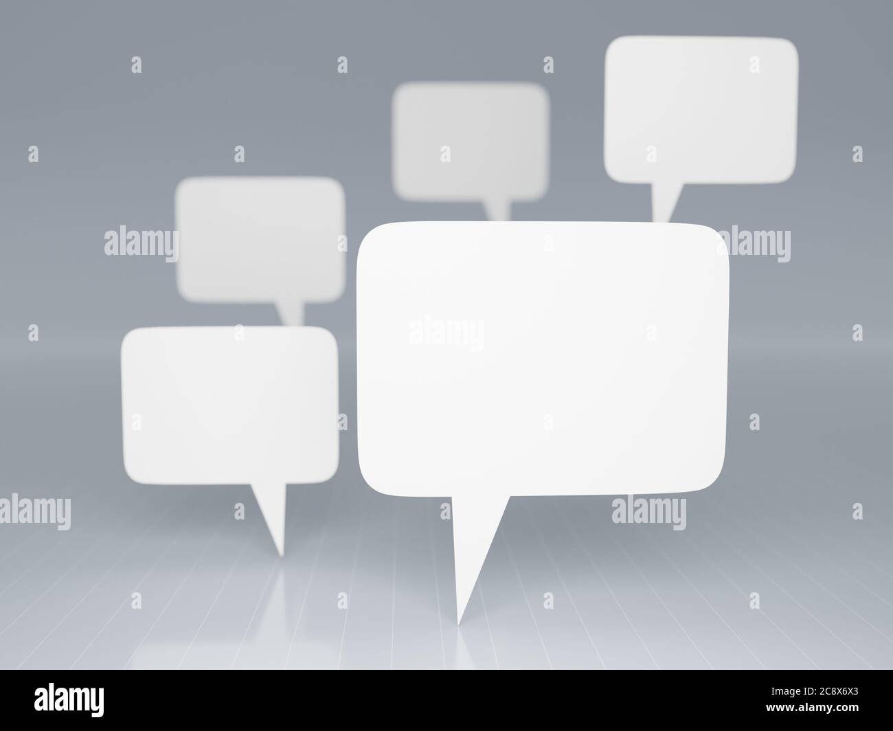 3D rendered illustration of simple white speech bubbles arranged in ...