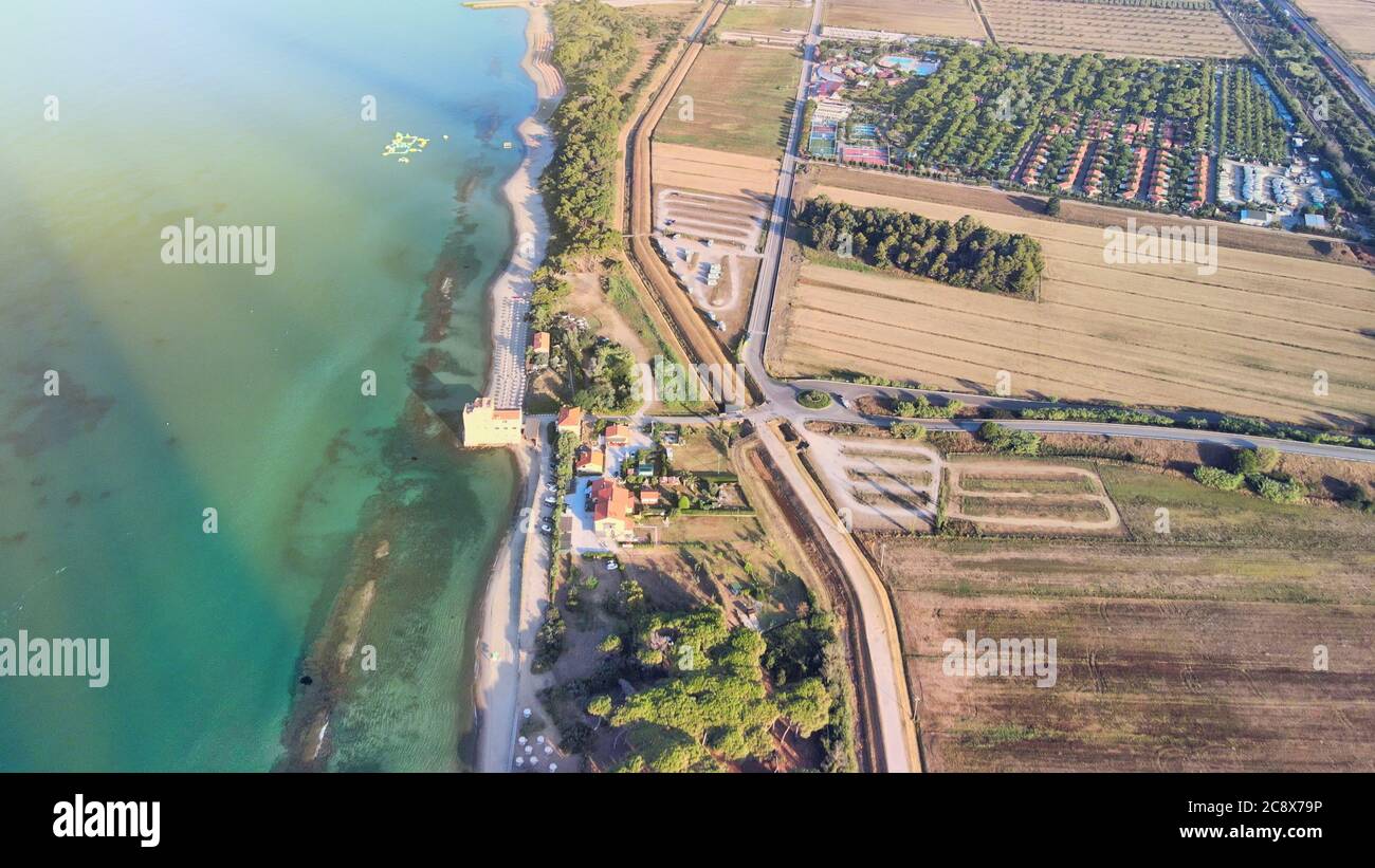 Amazing aerial view of Tuscany coastline in summer season, Italy. Stock Photo