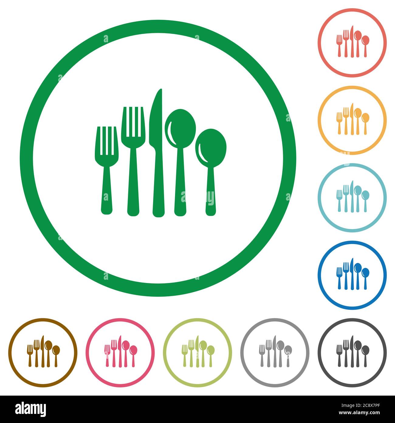 Set of cutlery color round outlined flat icons on white background ...