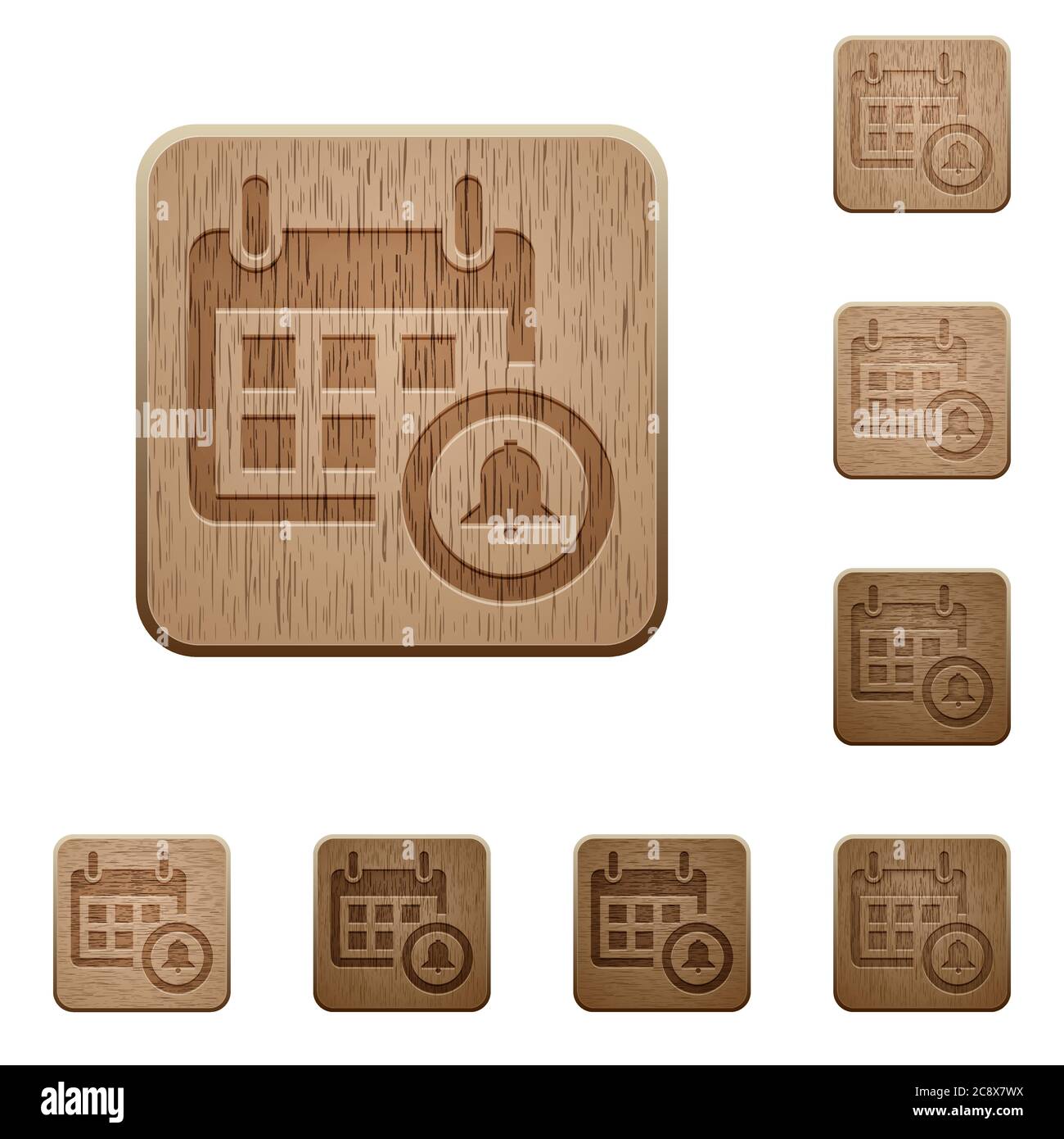 Set of carved wooden calendar alarm buttons in 8 variations Stock ...