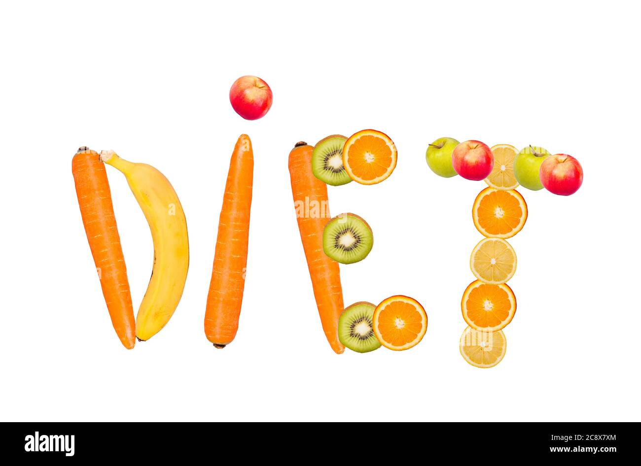 Conceptual illustration od a 'Diet' writing made by different fruits and vegetables Stock Photo