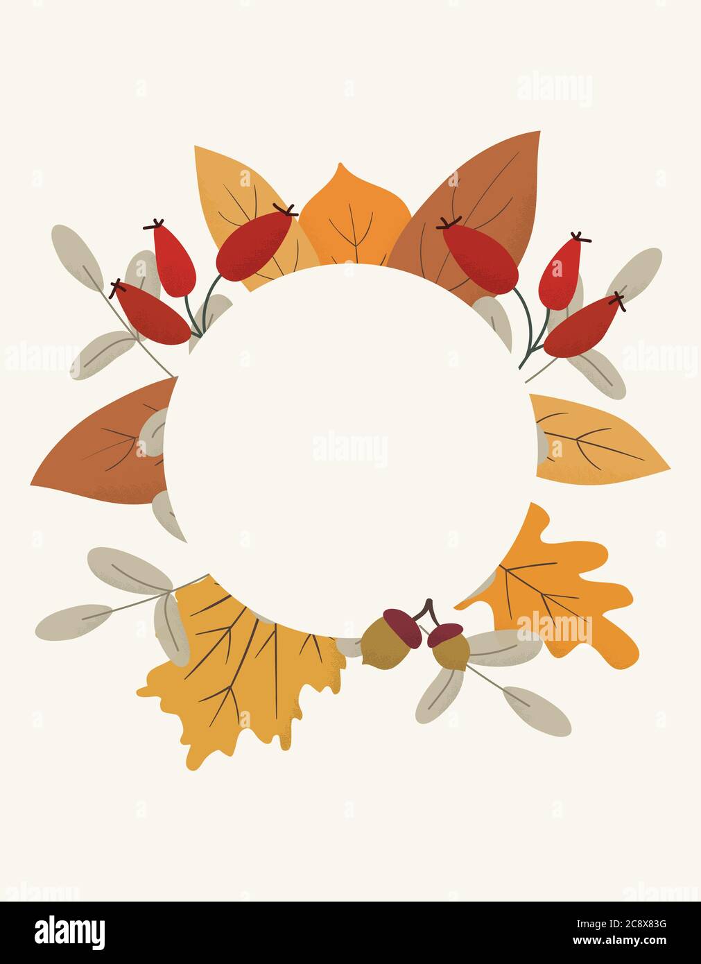 Seasonal autumn hand drawn frame vector background.Fall decorative border with dried leaves,acorns,berries and place for text.Foliage backdrop Stock Vector