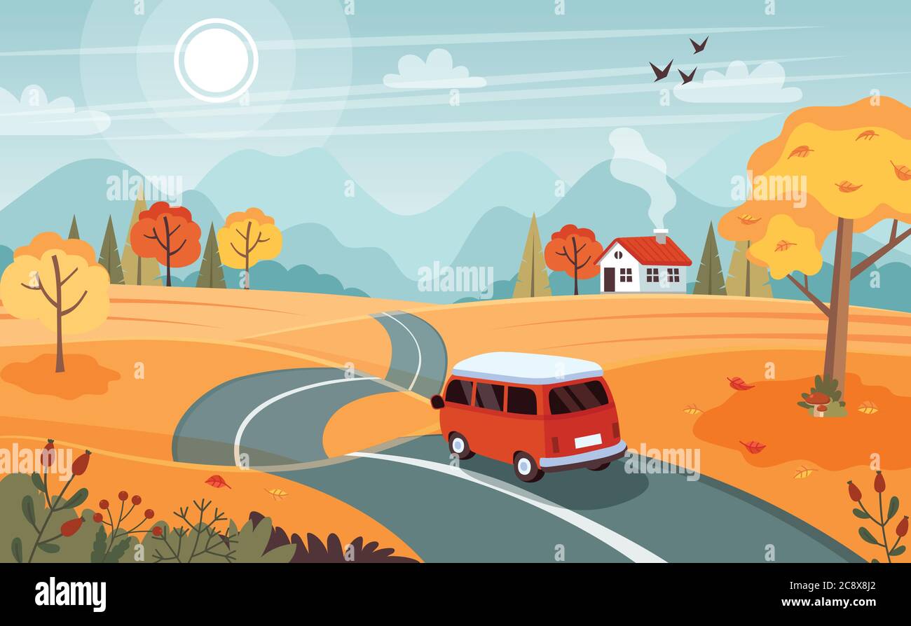 Autumn trip. Landscape with a cute van on the road. Vector illustration ...