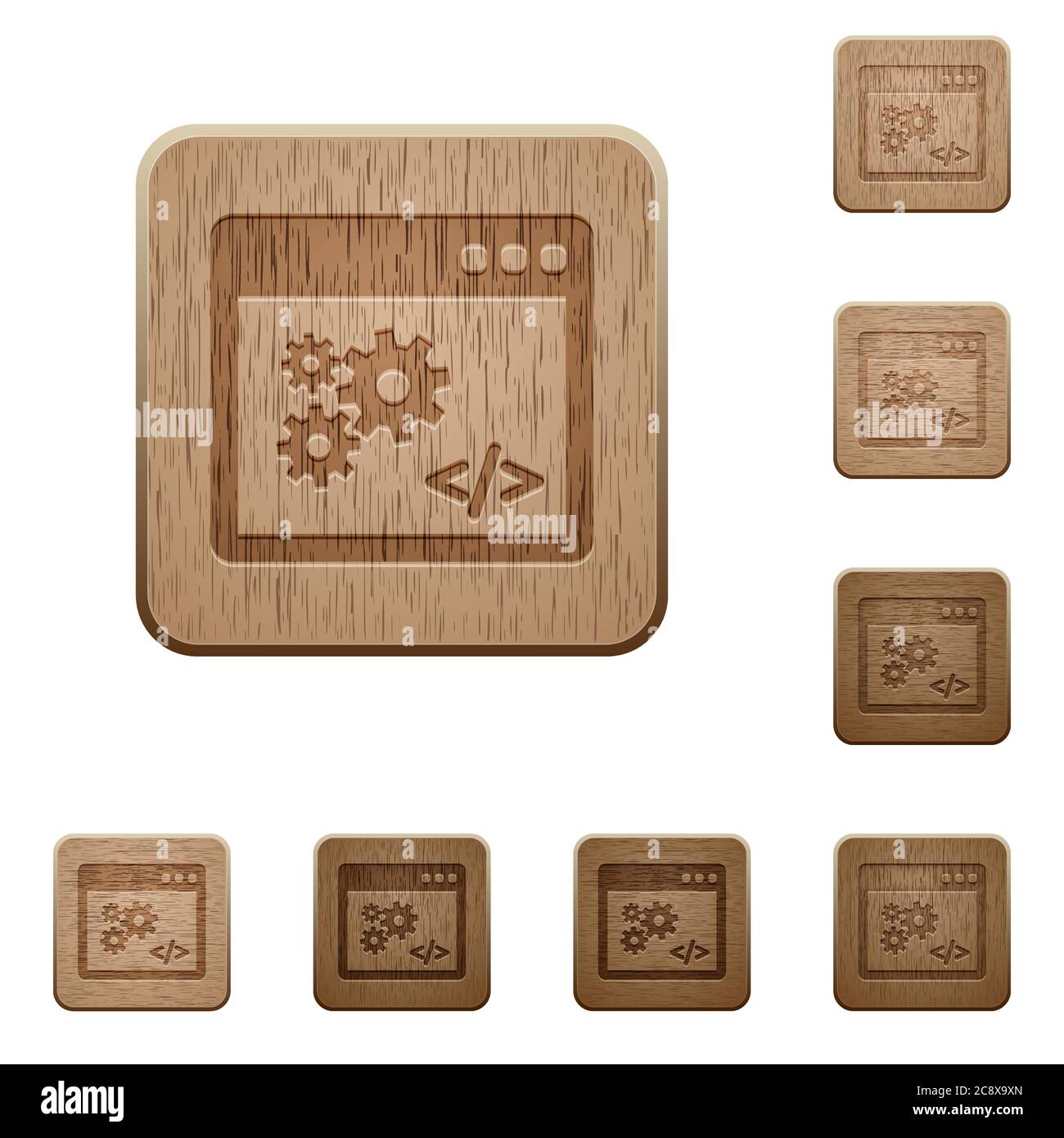 Set of carved wooden application programming interface buttons in 8 variations. Stock Vector