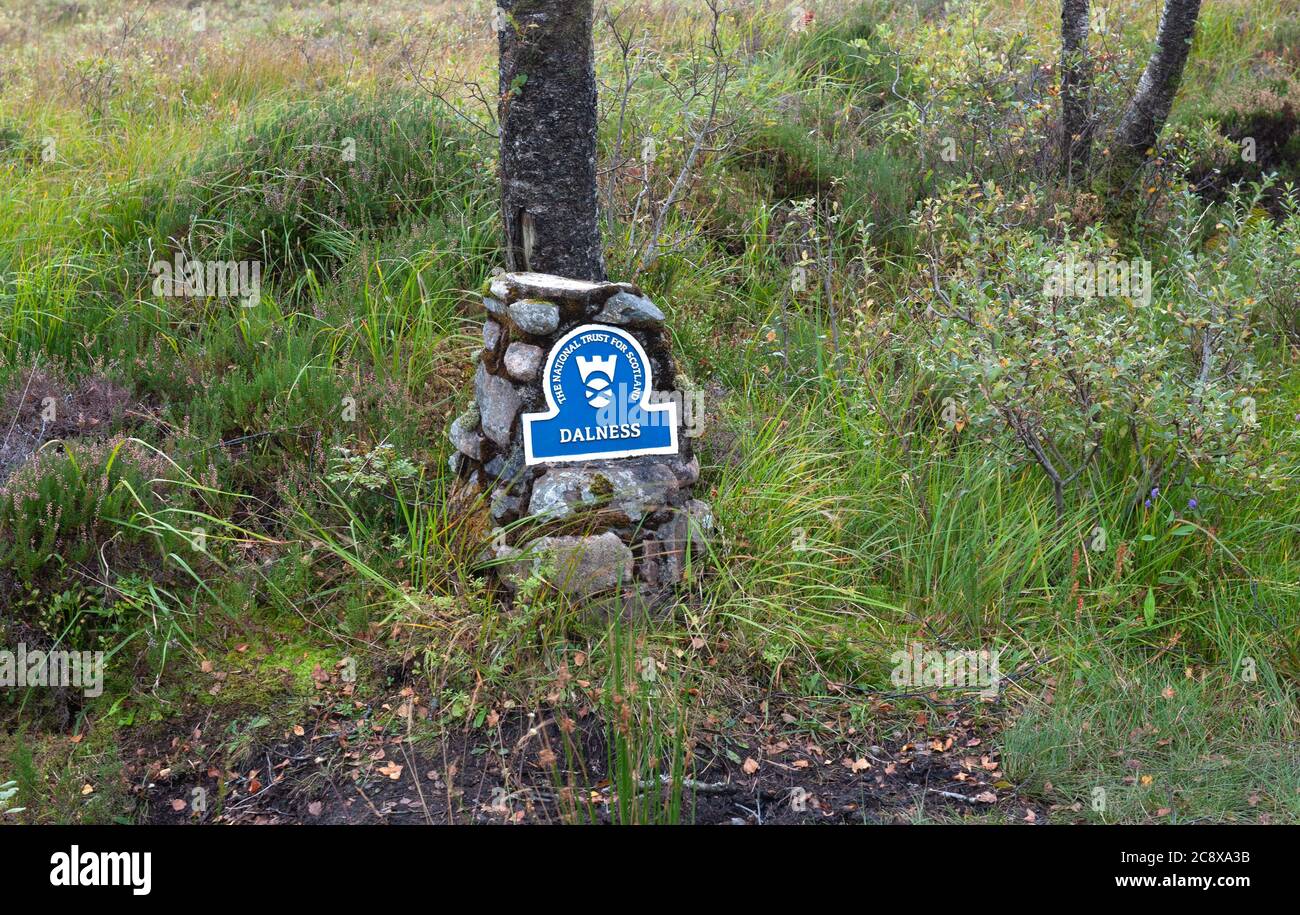 Dalness, Scotland - 03 October, 2019. Dalness The National Trust for Scotland small sign in the park, Stock Photo