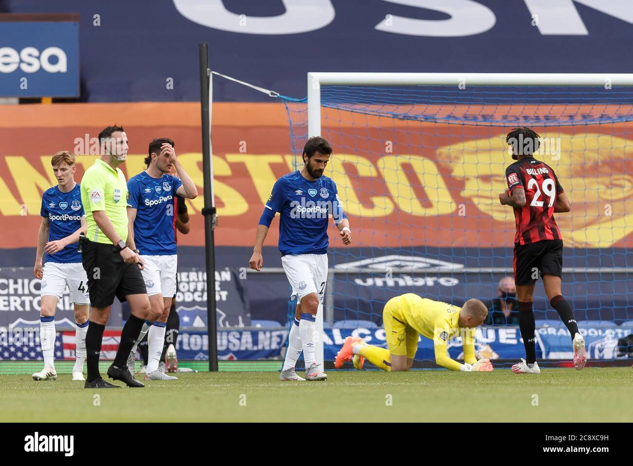 Liverpool, UK. 26th July, 2020. Andre Gomes of Everton looks dejected after his side concede their third goal to make the score 1-3 during the Premier League match between Everton and Bournemouth at Goodison Park on July 26th 2020 in Liverpool, England. (Photo by Daniel Chesterton/phcimages.com) Credit: PHC Images/Alamy Live News Stock Photo