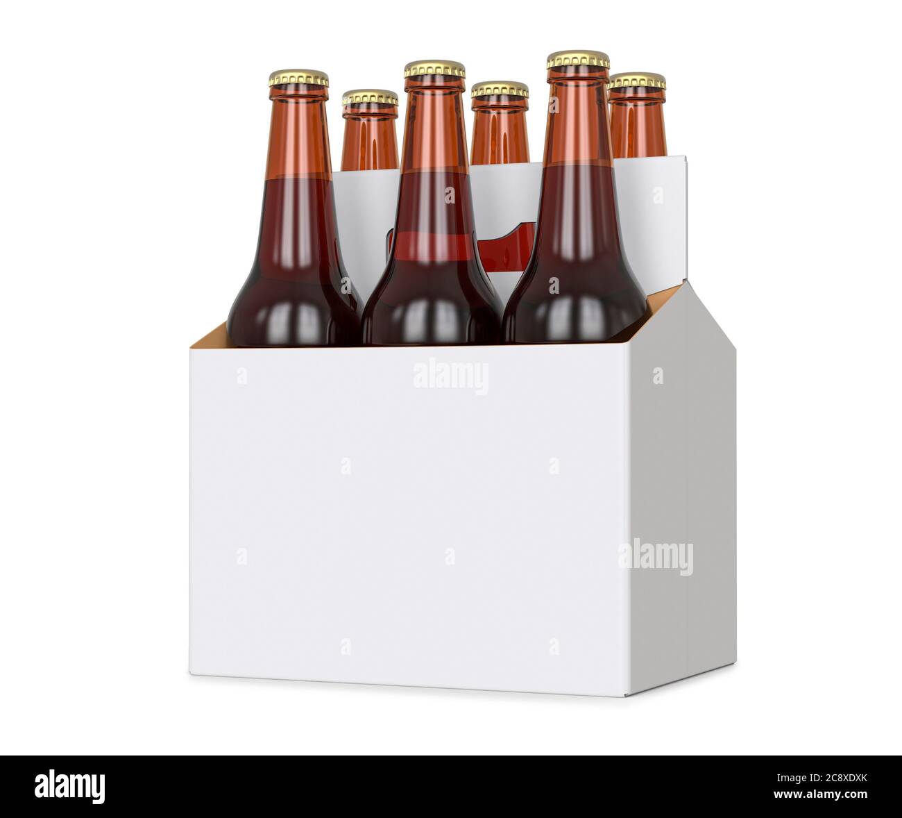 Six pack of Brown beer bottles in blank carrier. 3D render, isolated isolated over a white background Stock Photo