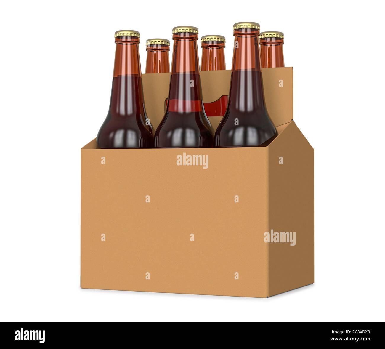 Six pack of glass bottled beer in generic brown cardboard carrier 3d Illustration, isolated on white background Stock Photo