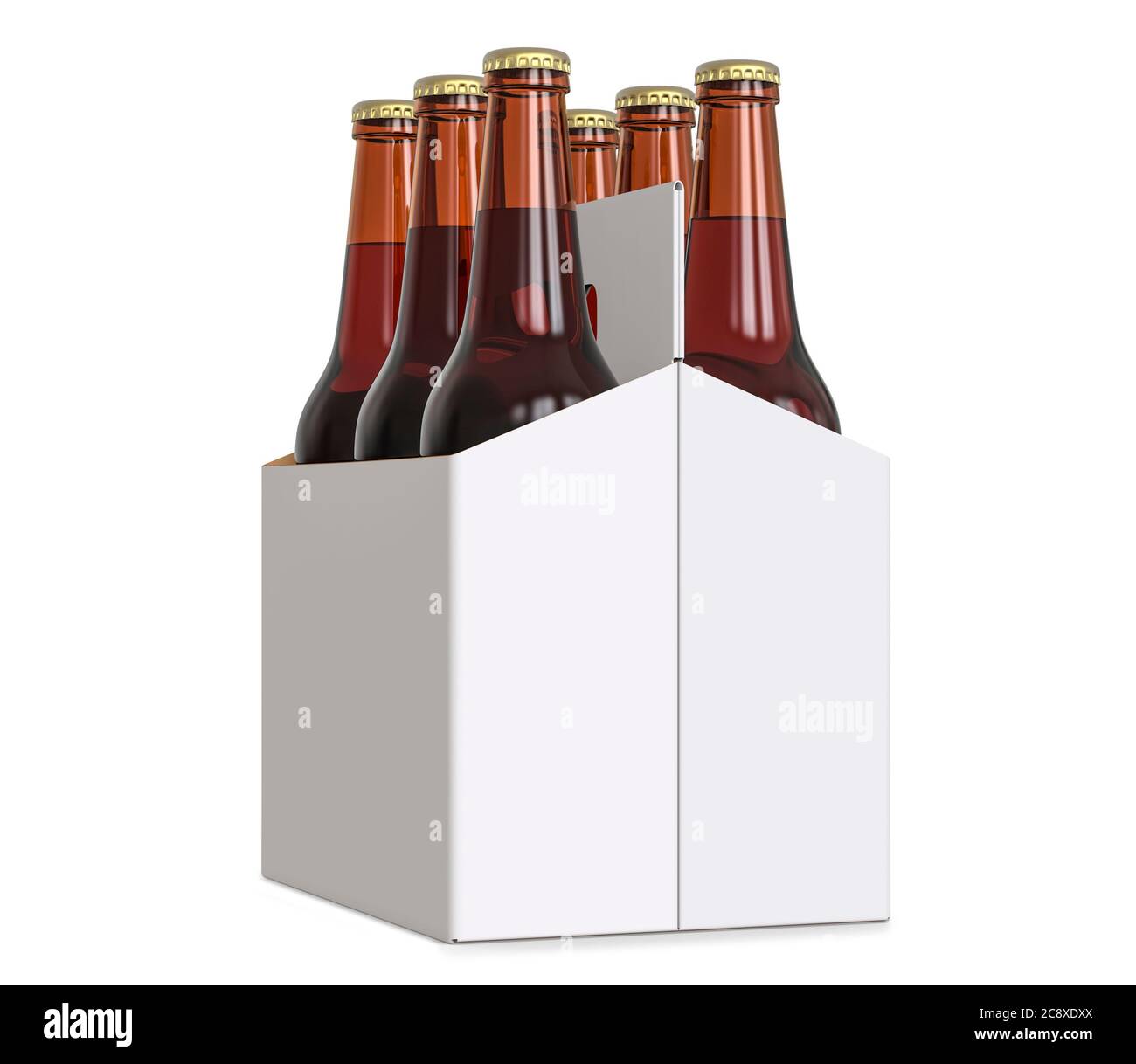 Six-pack cardboard carrier bottles of beer. 3D render, isolated on white background Stock Photo