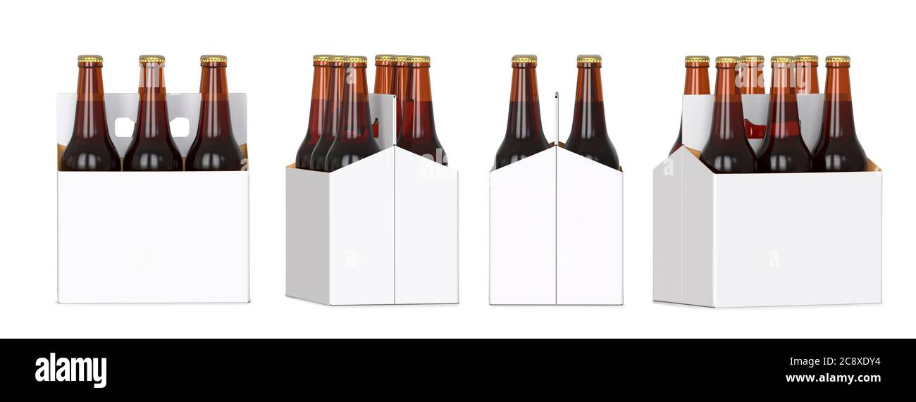 Six brown beer bottles in white corton pack. Four Different views 3D render, isolated on white background Stock Photo