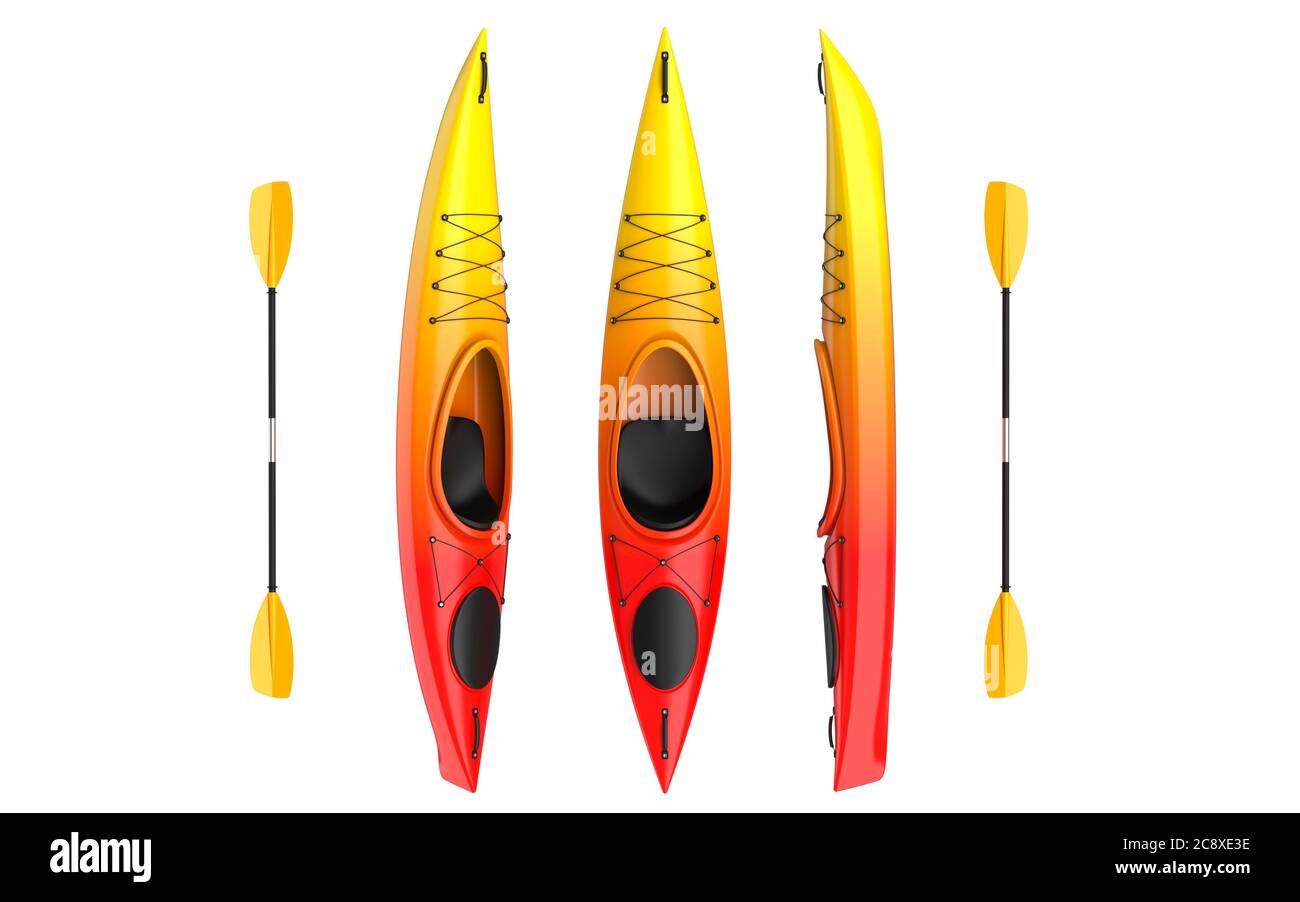 Three vertical views of yellow rad crossover kayak with paddle. Whitewater and river running kayak. 3D render, isolated on white background Stock Photo