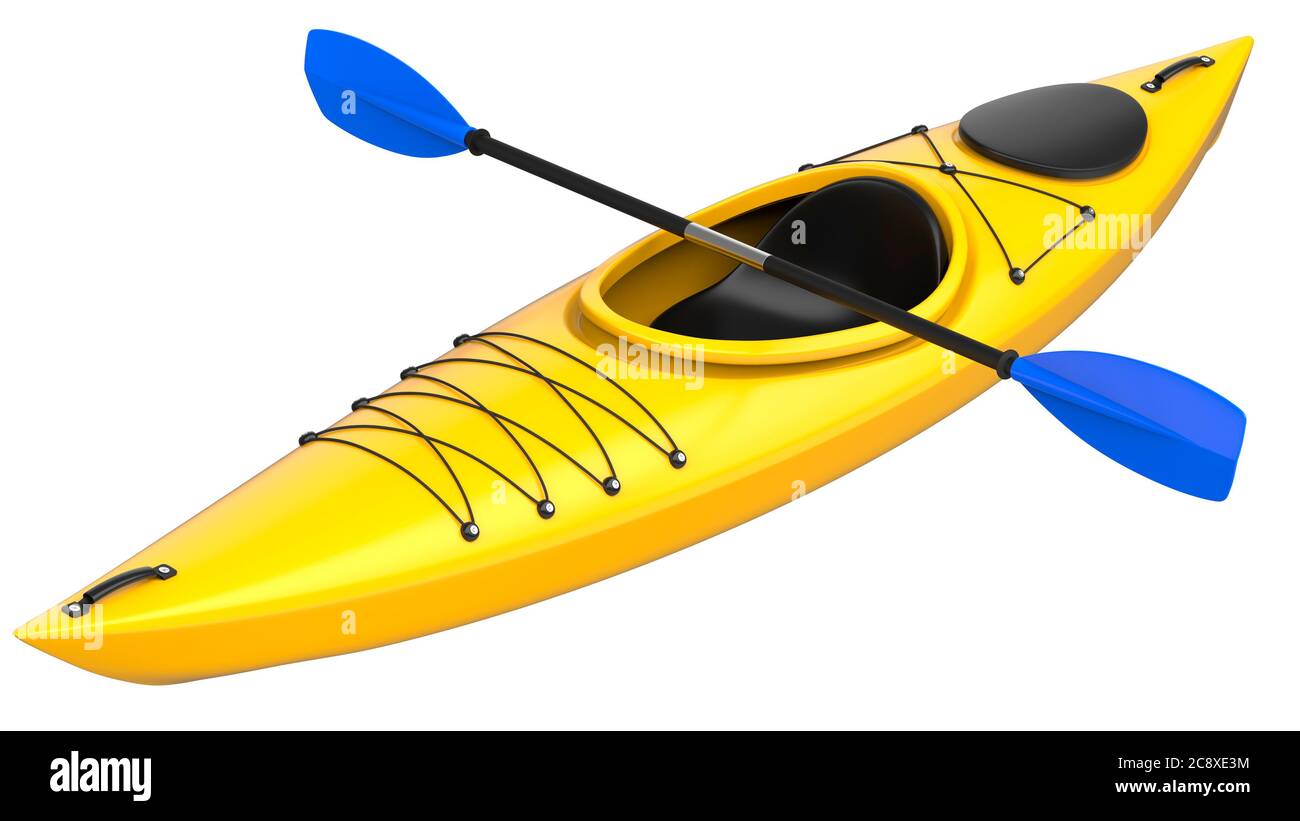Yellow plastic kayak with blue paddle. 3D render, isolated on white