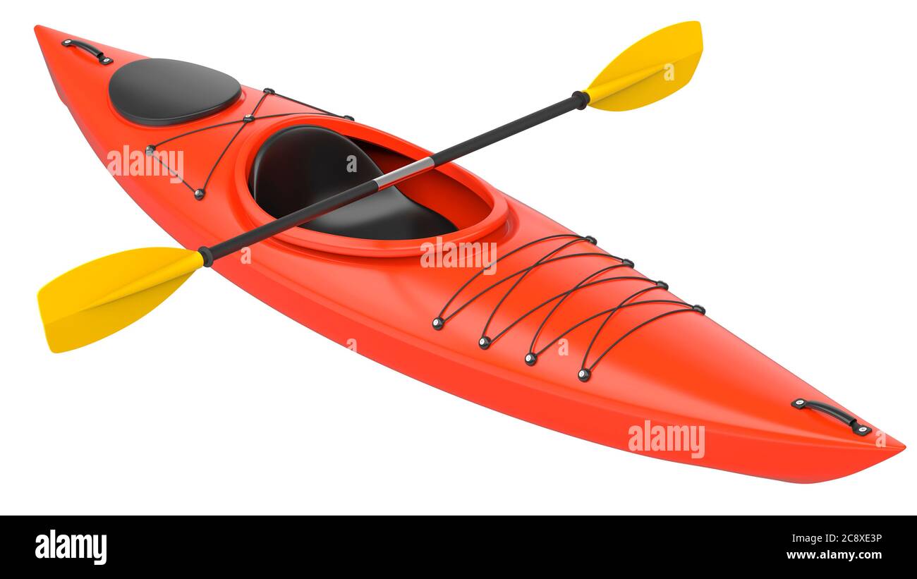 Orange plastic kayak with yellow paddle. 3D render, isolated on white background Stock Photo