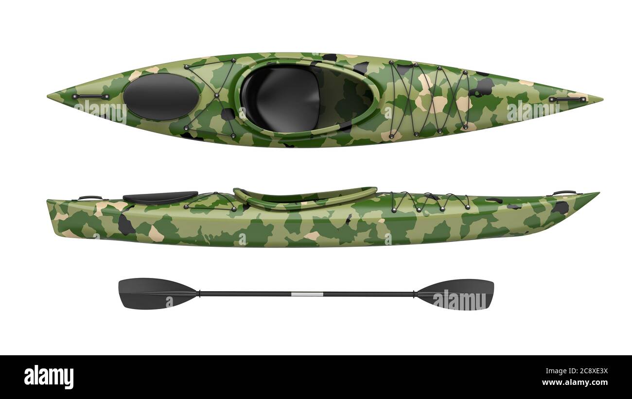 Top and side views of green crossover kayak. Whitewater and river running kayak. 3D render, isolated on white background Stock Photo