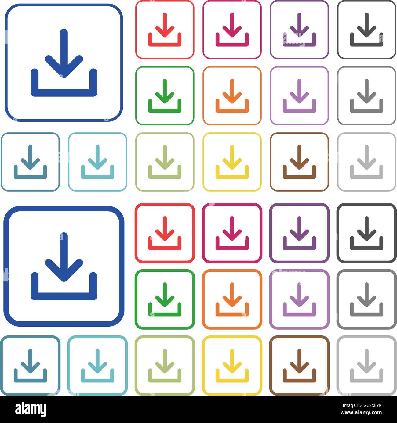 Set of download flat rounded square framed color icons on white ...