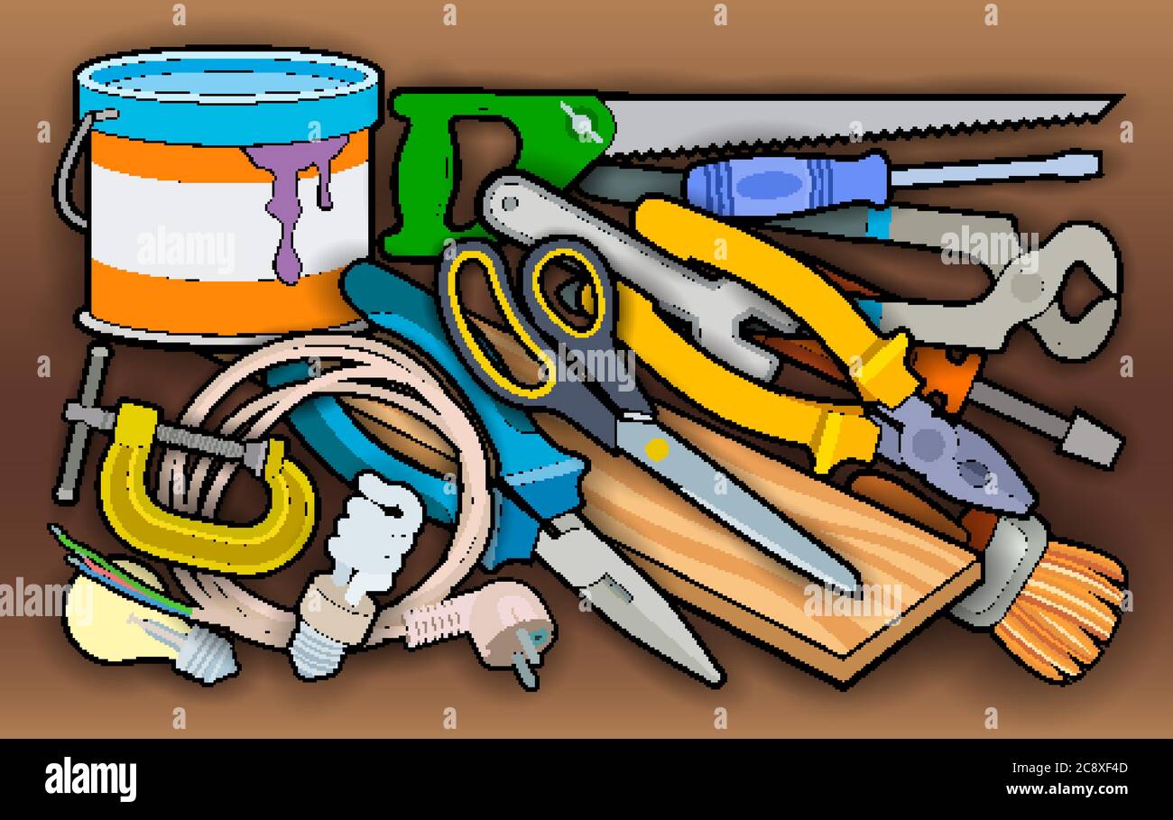 Cartoon home repair instruments illustration Stock Vector