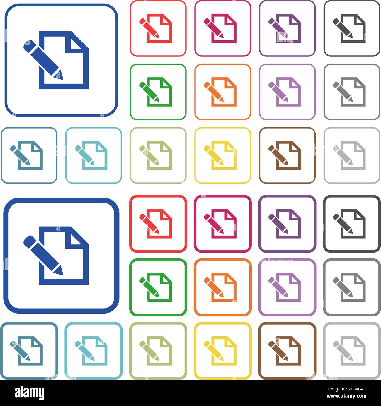 Set of edit flat rounded square framed color icons on white background ...
