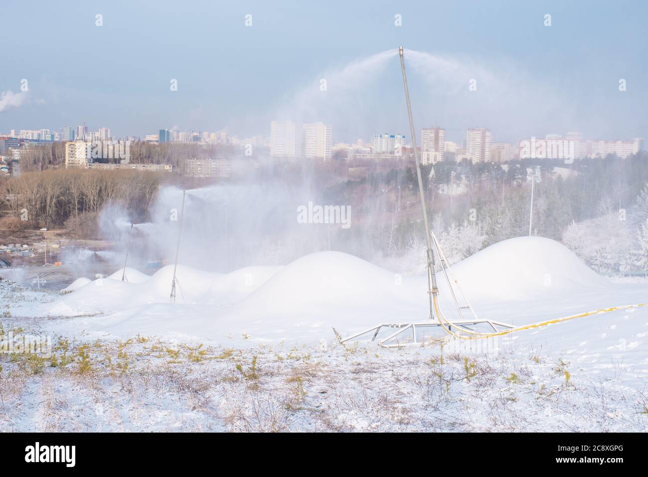 The production of artificial snow for ski slopes.The use of snow