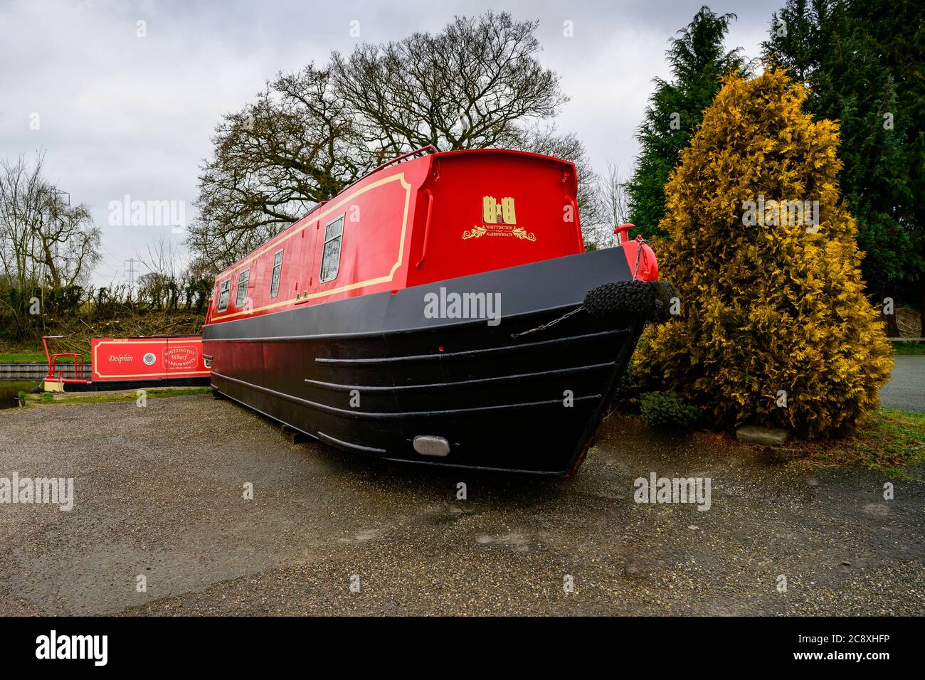Newly painted hire boat ready for use on a canal in Shropshire UK. Stock Photo