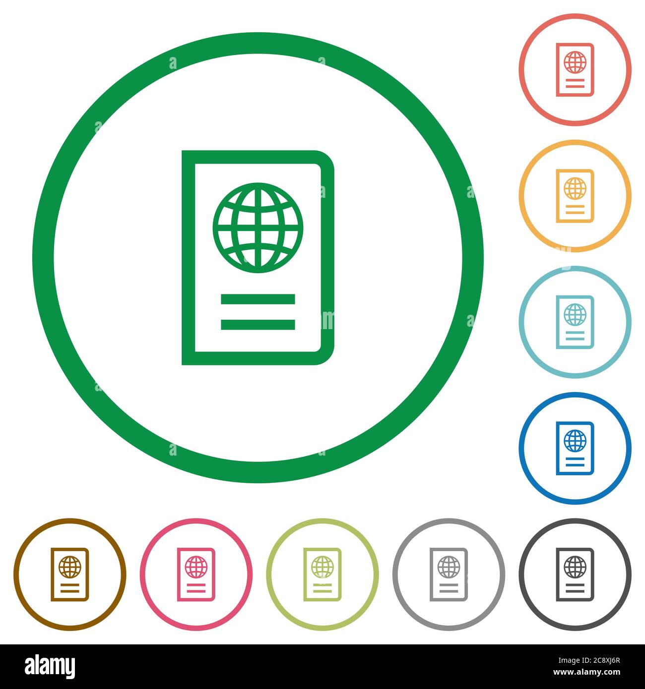 Set of passport color round outlined flat icons on white background ...