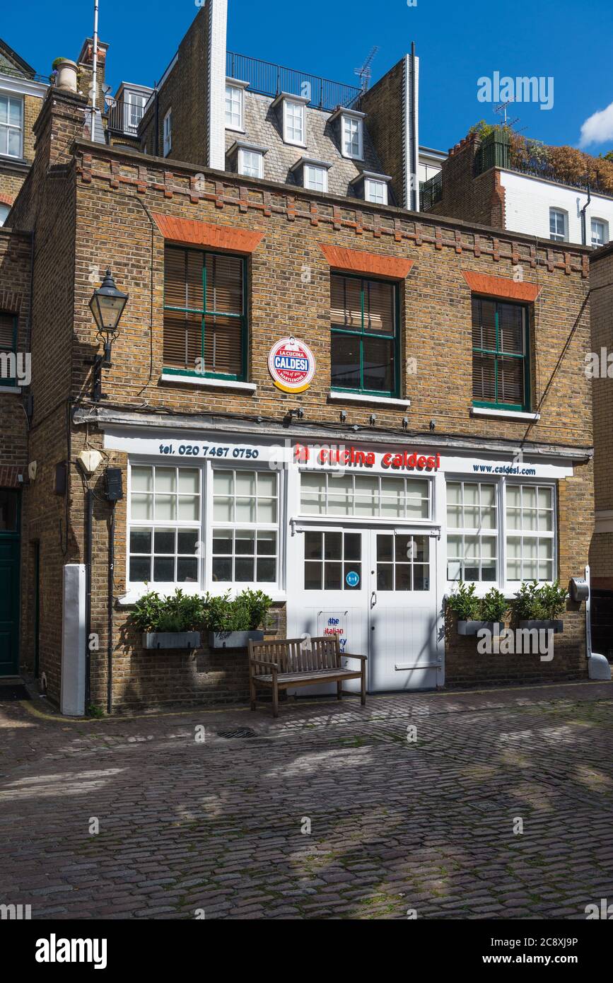 Exterior of La Cucina Caldesi Cookery School in Cross Keys Close, Marylebone, London, England, UK Stock Photo