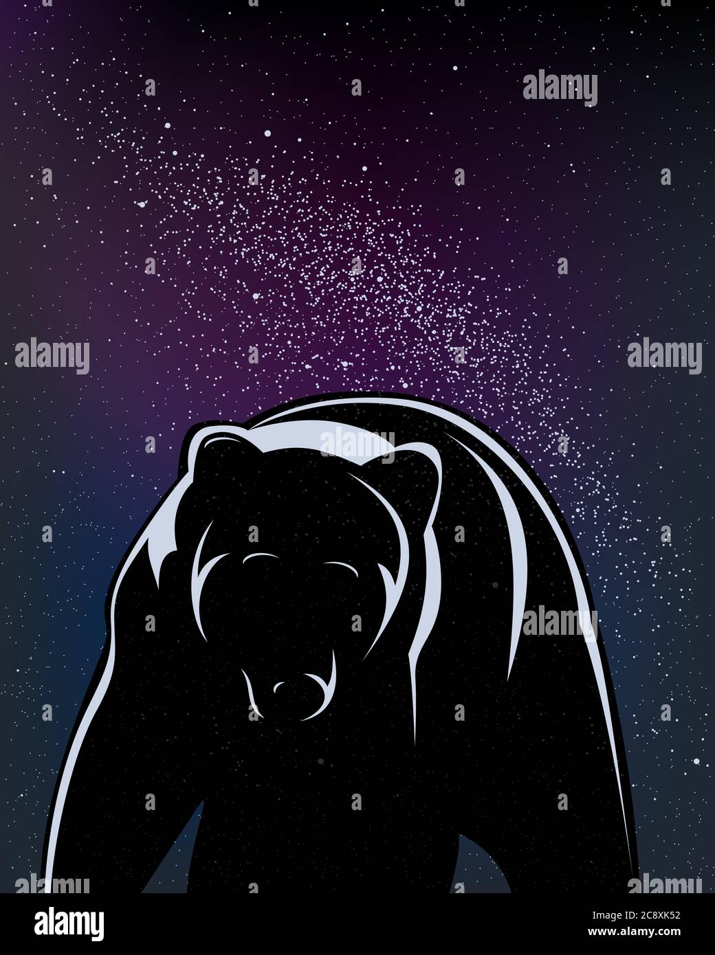 Vector illustration. Walking bear isolated in black in a starry night. Stock Vector