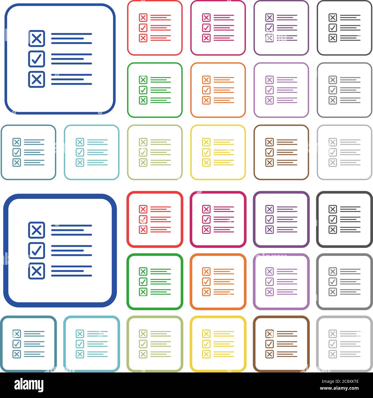 Set of questionnaire flat rounded square framed color icons on white ...
