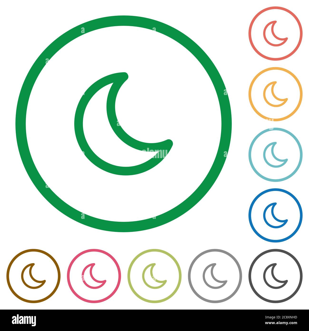 Set of moon shape color round outlined flat icons on white background ...