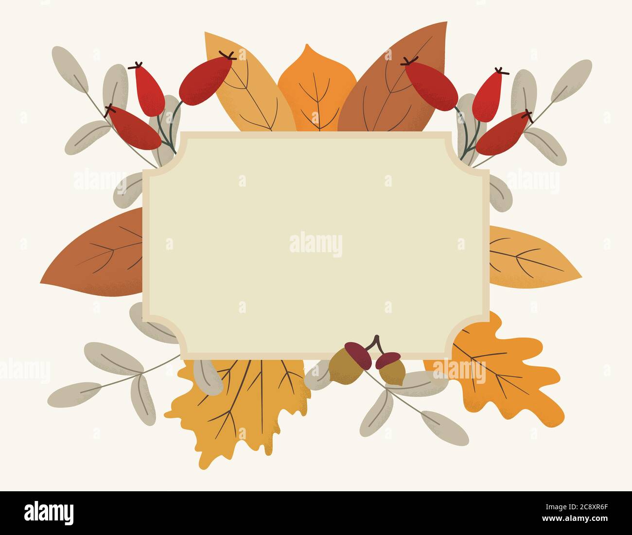 Seasonal autumn hand drawn frame vector background.Fall decorative border with dried leaves,acorns,berries and place for text.Foliage backdrop Stock Vector