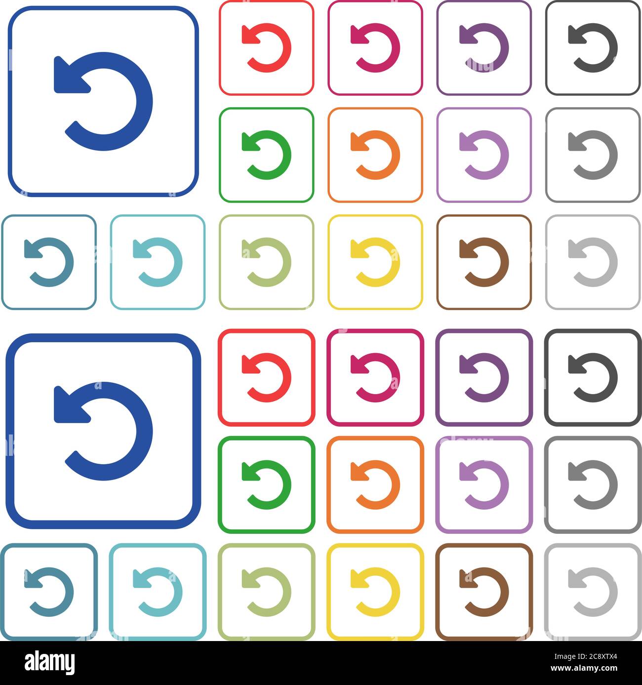 Undo changes color icons in flat rounded square frames. Thin and thick versions included. Stock Vector