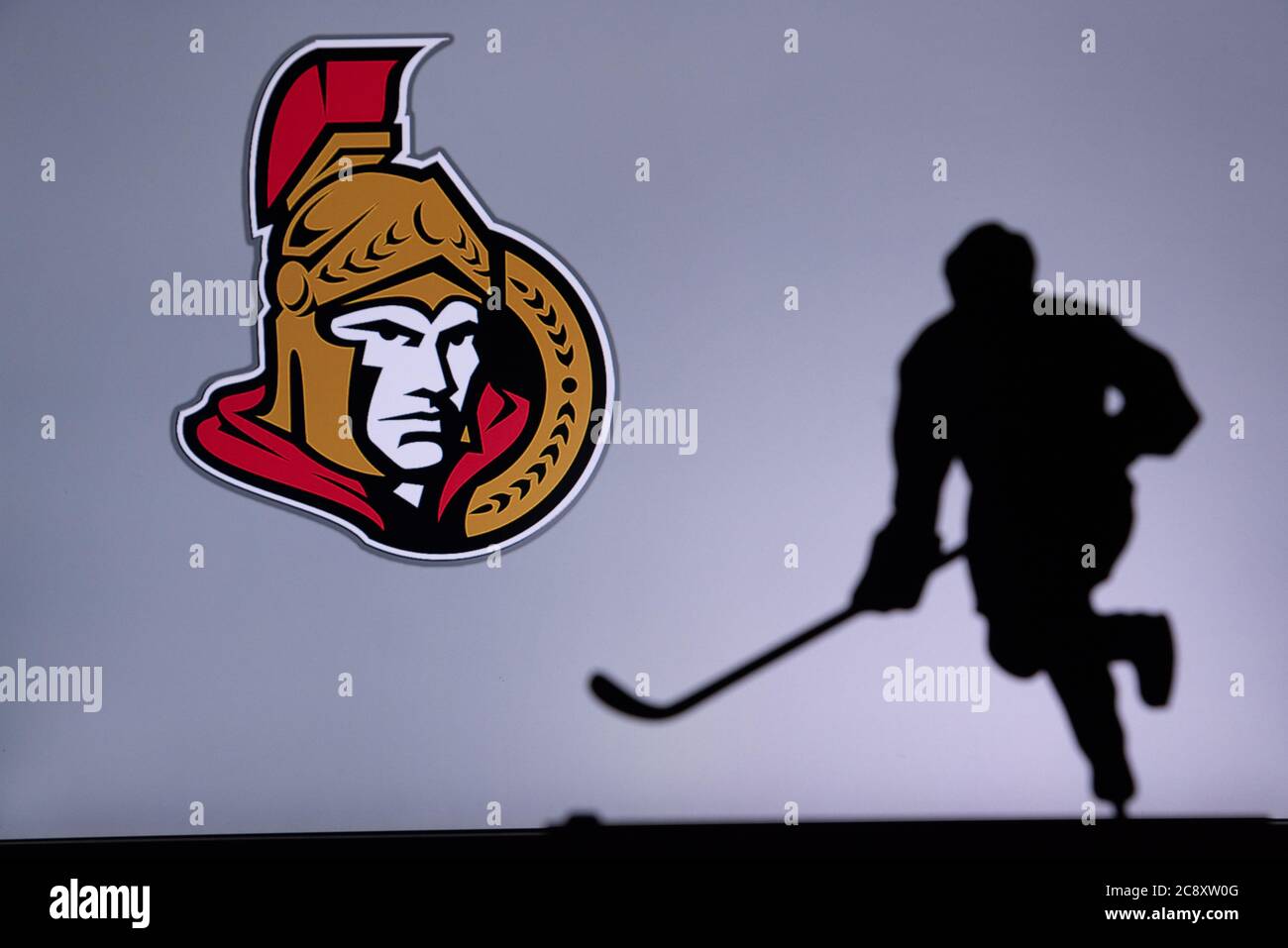 NHL Hockey Concept photo. silhouette of profesiional NHL hockey player Stock Photo