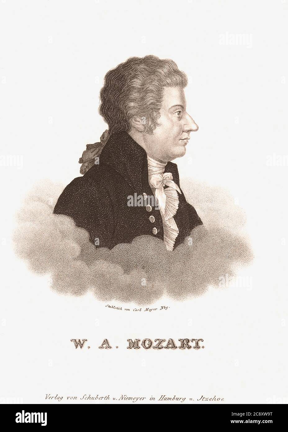 Wolfgang Amadeus Mozart, 1756 – 1791, baptised as Johannes Chrysostomus Wolfgangus Theophilus Mozart. Prolific and influential composer of the classical era.  After a 19th century engraving by German artist Carl Mayer. Stock Photo