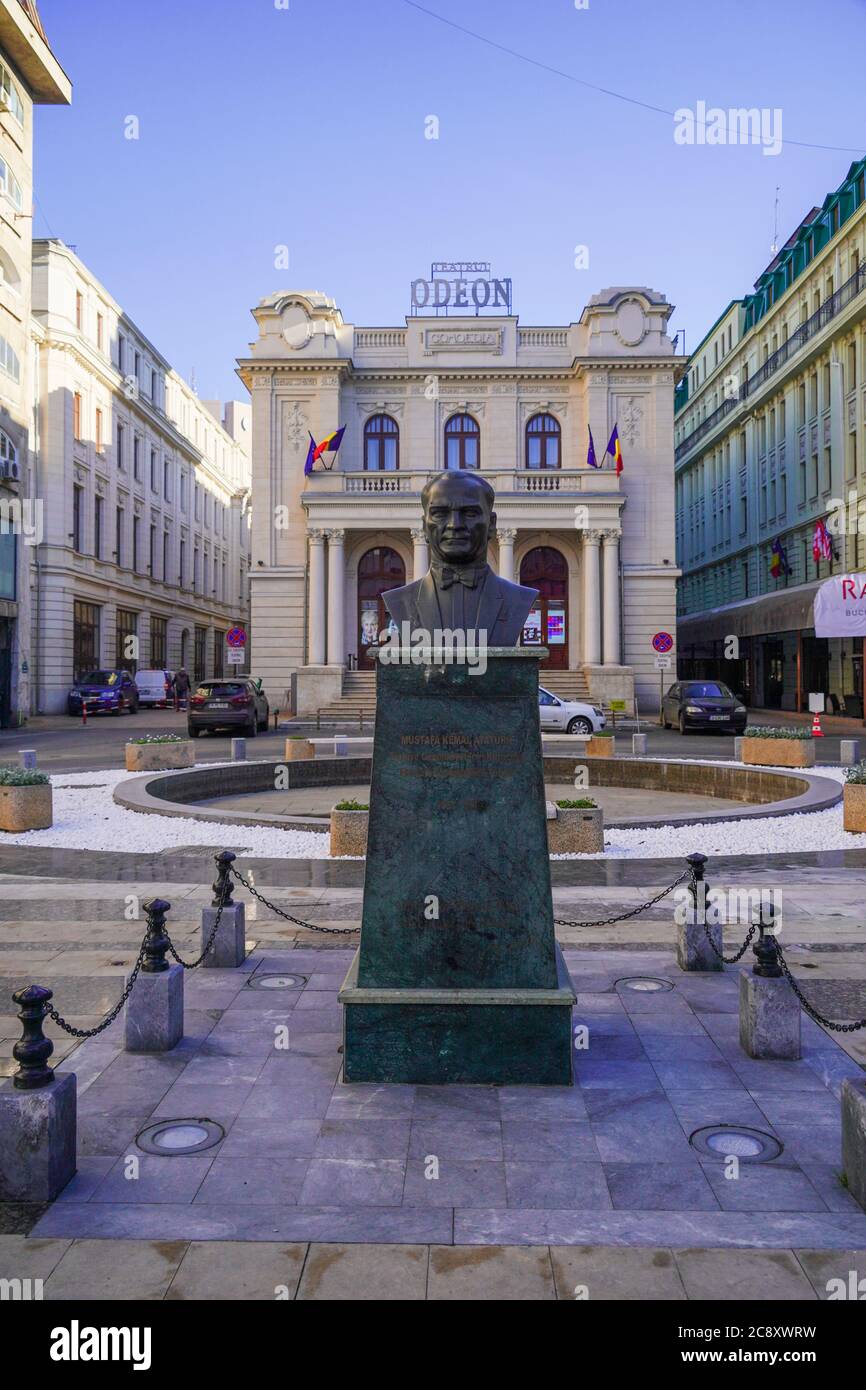 Statue of Mustafa Kemal Ataturk in front of the Odeon Theatre. Cultural bulding in the center of Bucharest, Romania. Stock Photo