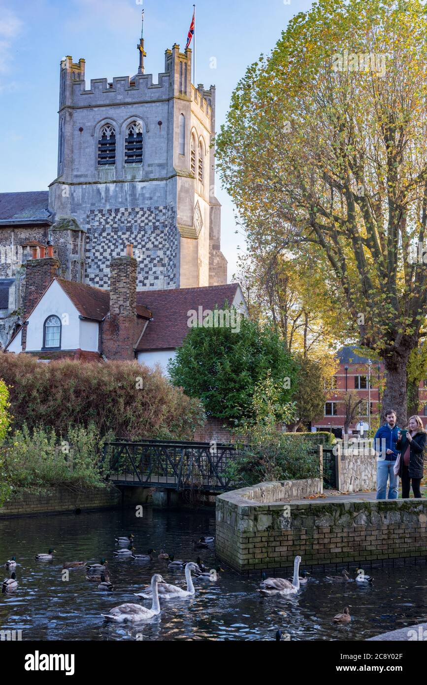 The Abbey Church and weird on the Old River Lee, Waltham Abbey, Essex, UK Stock Photo