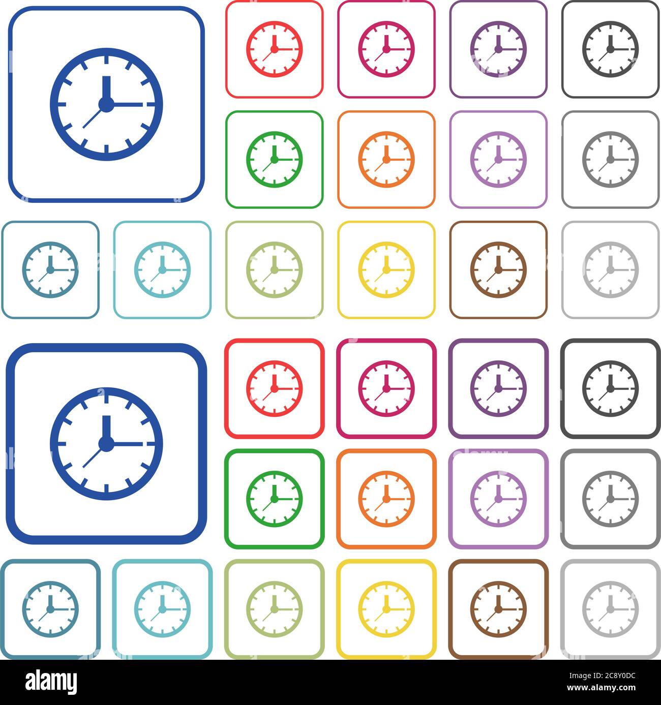 Clock color icons in flat rounded square frames. Thin and thick versions included. Stock Vector
