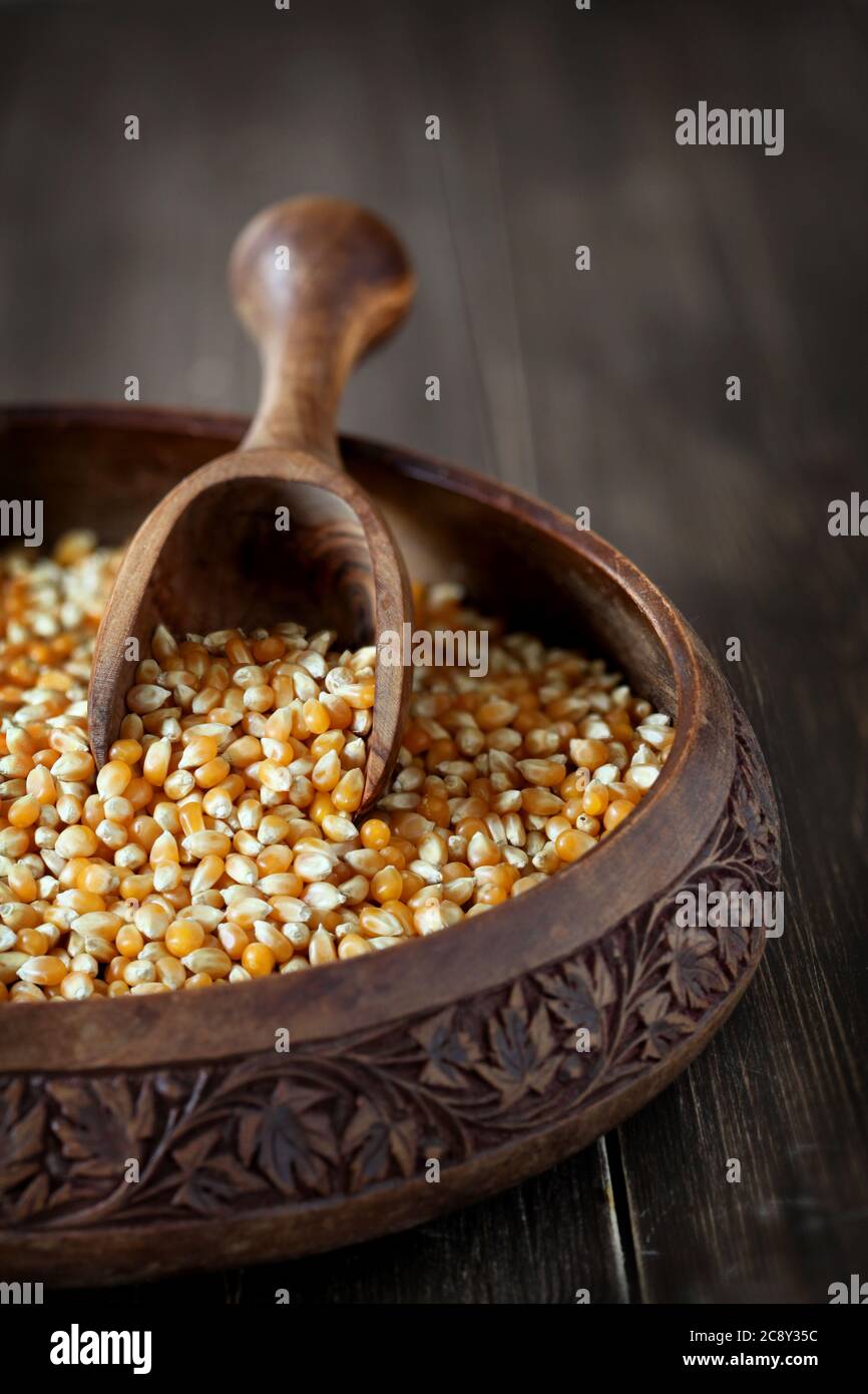 wooden bowl with corn Stock Photo
