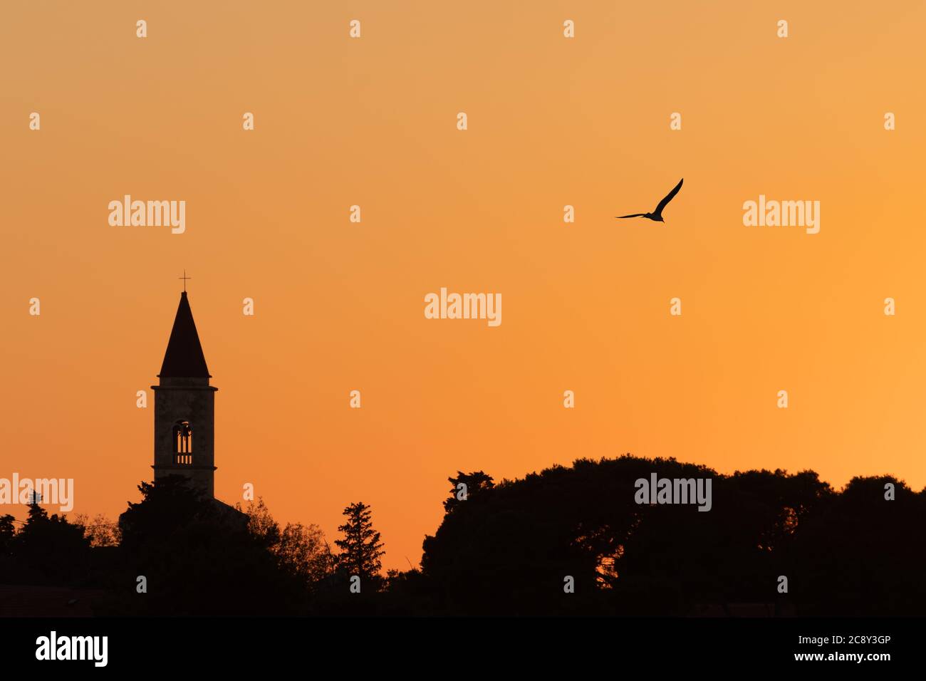 Silhouette of christian church on Croatian island Ugljan and seagull flying in bright orange sunset sky. Religion, faith, hope, travel and tourism Stock Photo