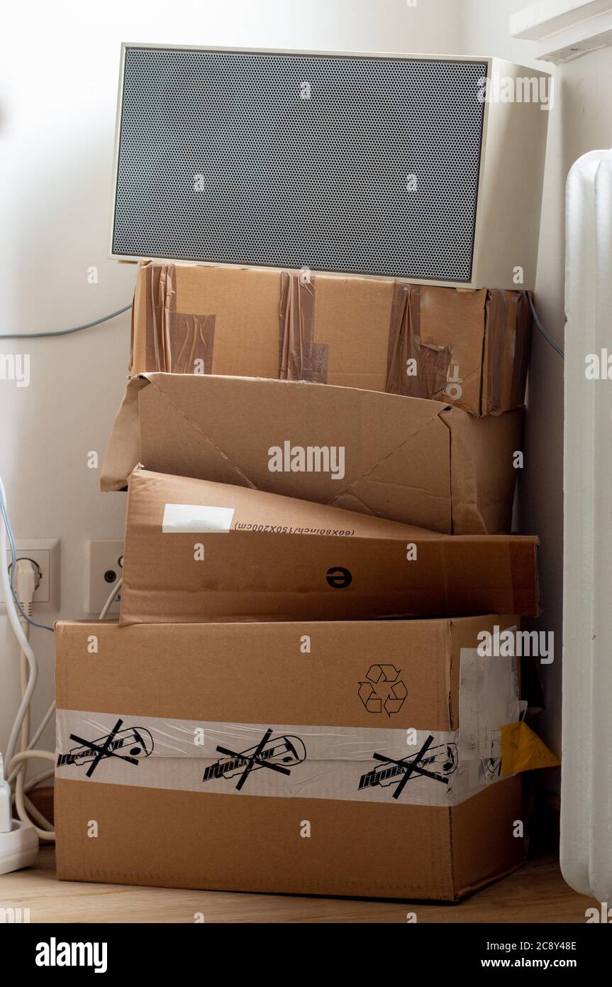 View of simple upcycling cardboard as furniture. Recycling Stock Photo - Alamy