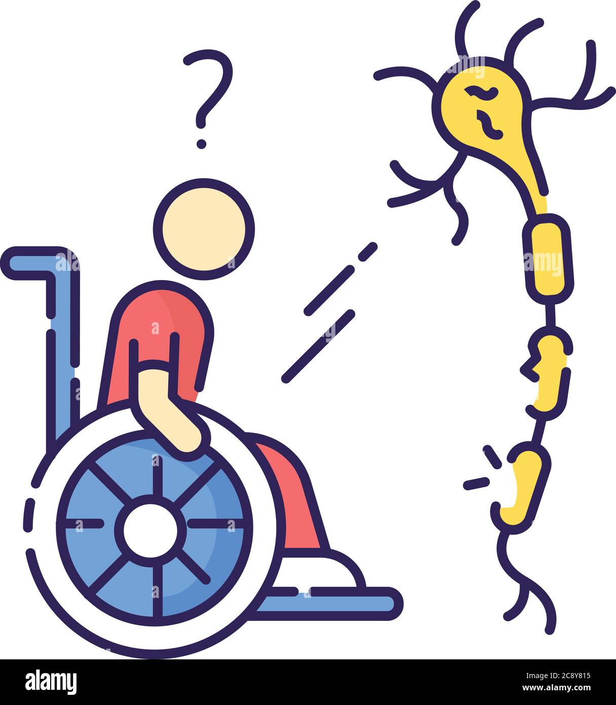 Multiple sclerosis RGB color icon. Handicapped man in wheelchair. Neurology problem. Trauma