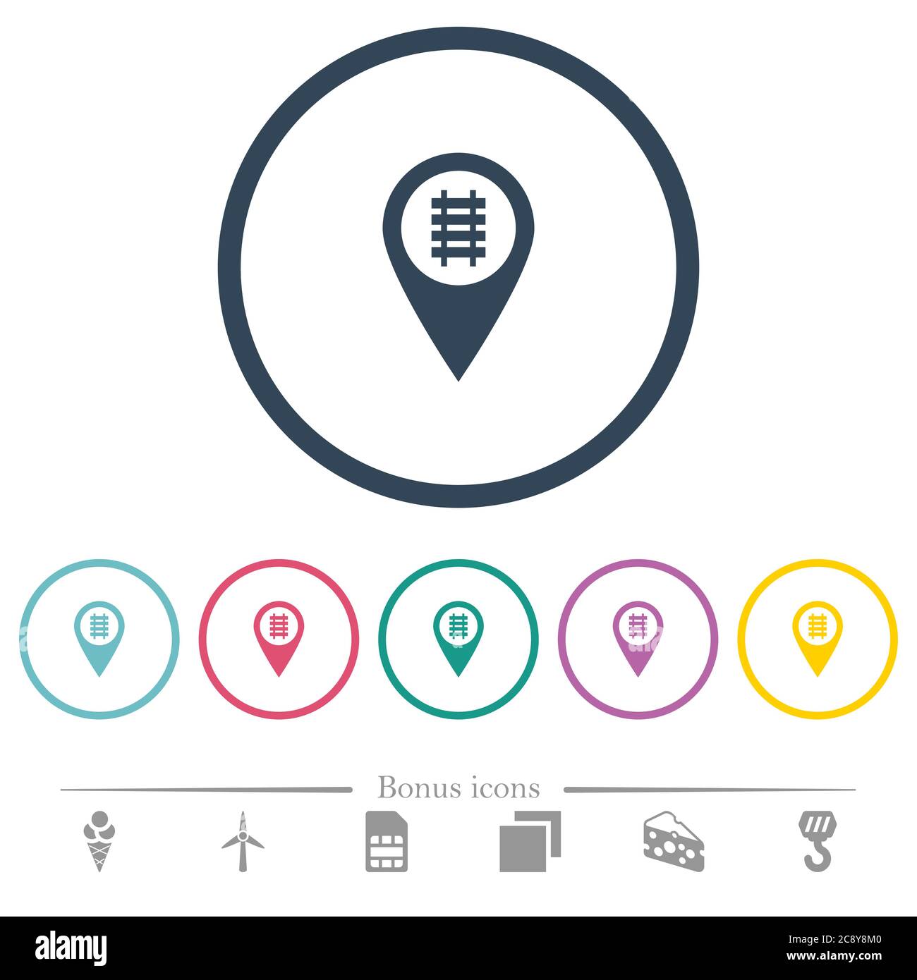 Railroad GPS map location flat color icons in round outlines. 6 bonus ...