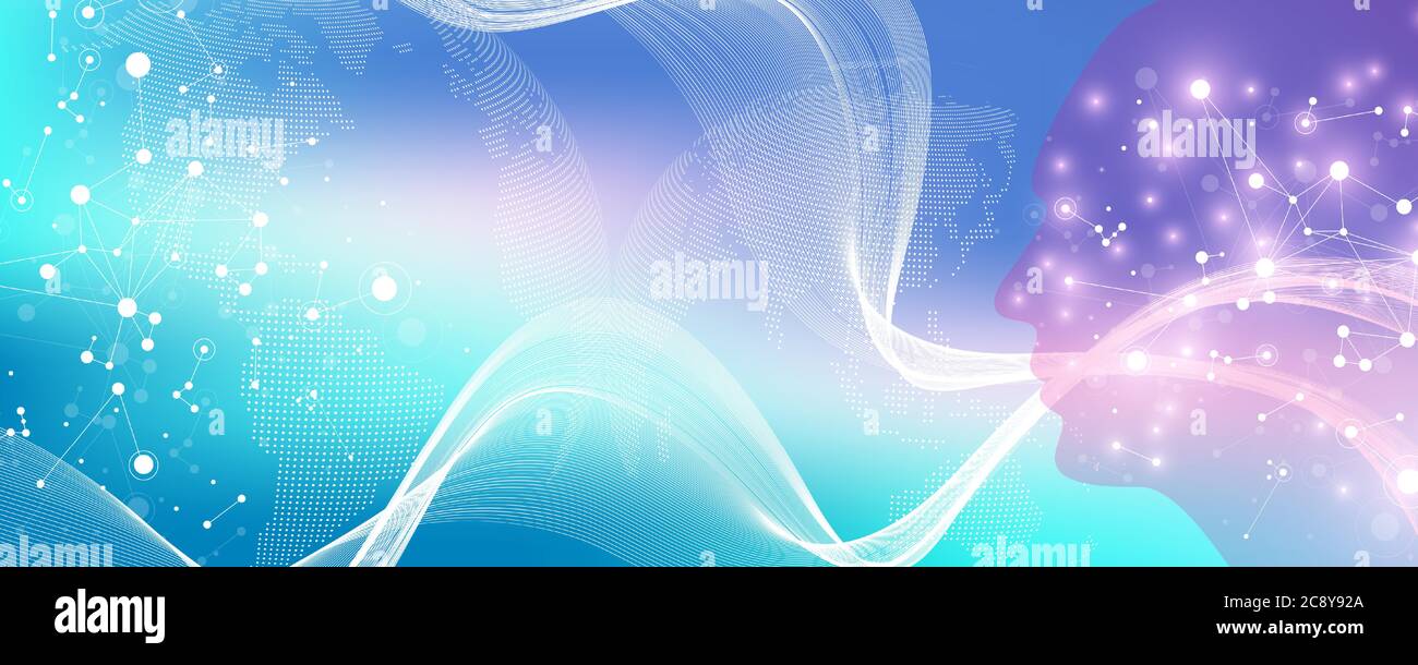 Artificial Intelligence and Machine Learning Vector Concept in Neural Network. AI Web Banner Design with Human Face. Wave Flow Communication. Digital Stock Vector