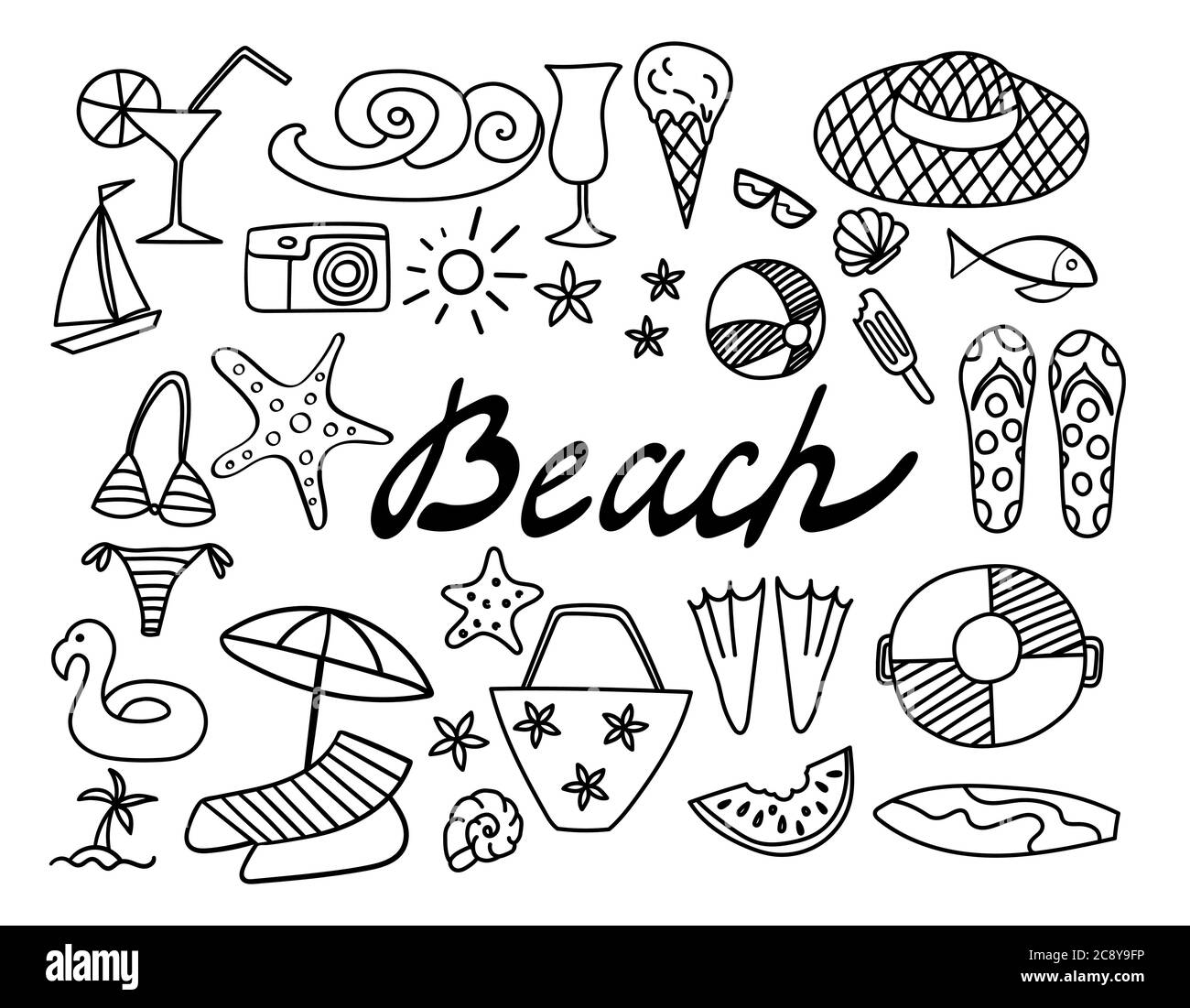 Summer beach hand drawn icons. Vacation doodles isolated on white background. Stock Vector