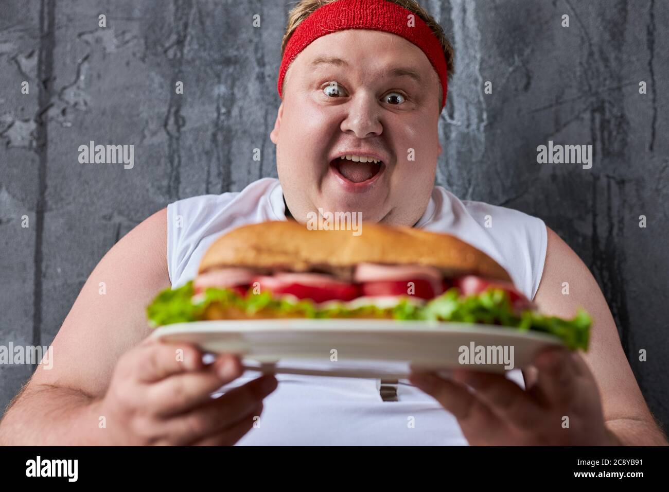 Handsome Caucasian Fat Man Going To Eat Big Tasty Sandwich He Is Not